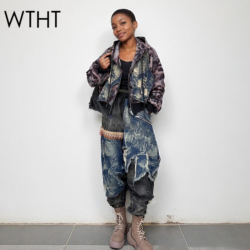 Patchwork Jean Jacket - Whtth moda feminina camuflagem emendado lavagem