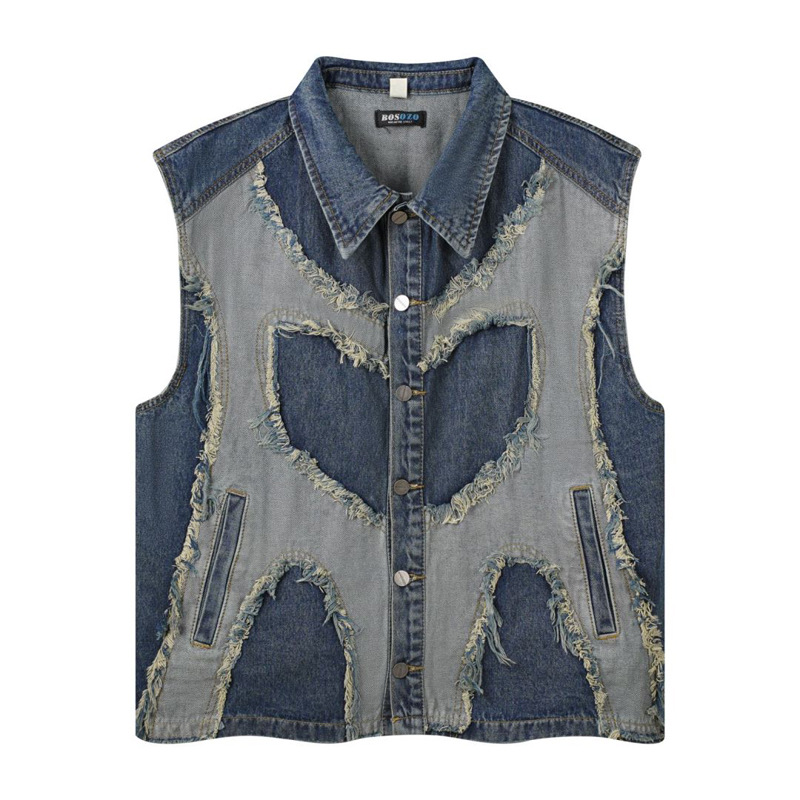 Patchwork Jean Jacket - Europeu e americano masculino lapela sem