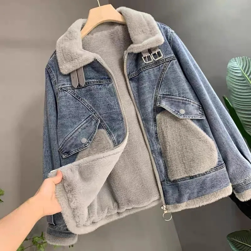 Patchwork Jean Jacket - Falso vison veludo costura denim jaqueta