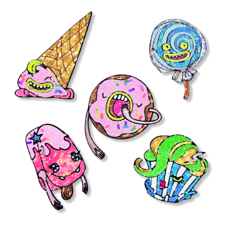 Patchwork Jean Jacket - 5 pçs/set bordado lantejoulas donut sorvete