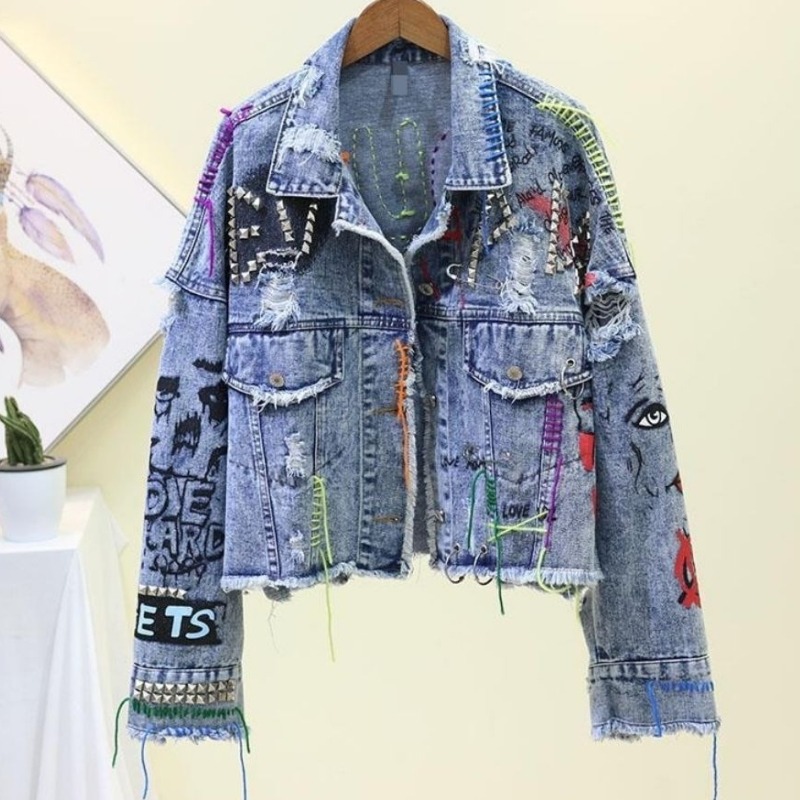 Patchwork Jean Jacket - Moda graffiti casual denim jaqueta curta