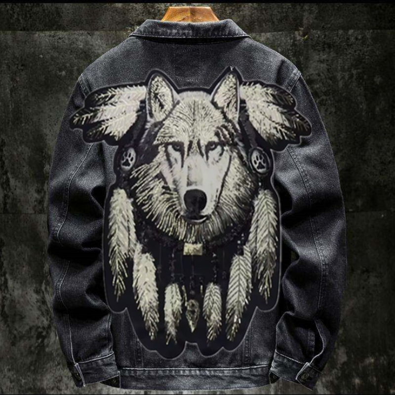 Patchwork Jean Jacket - América vintage lobo pesado bordado remendo