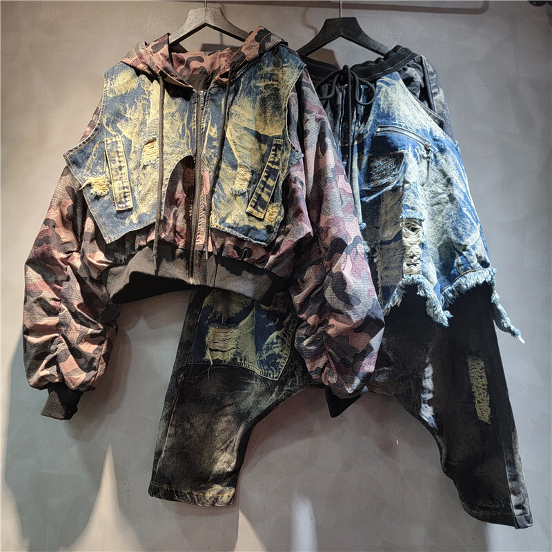 Whtth moda feminina camuflagem - Patchwork Jean Jacket avaliação e preço