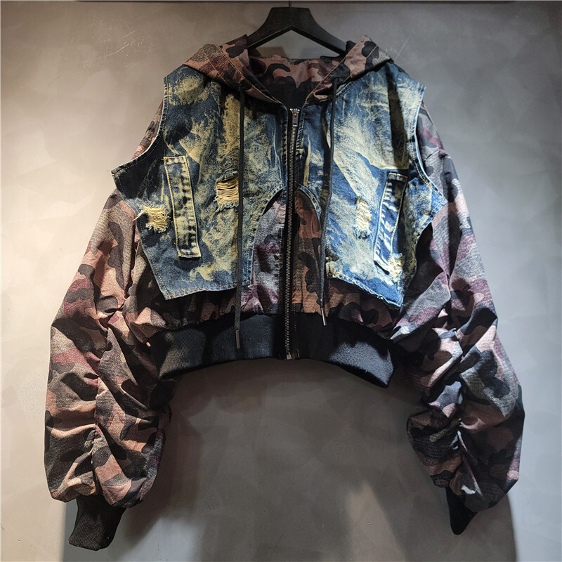 Whtth moda feminina camuflagem - Patchwork Jean Jacket avaliação e preço