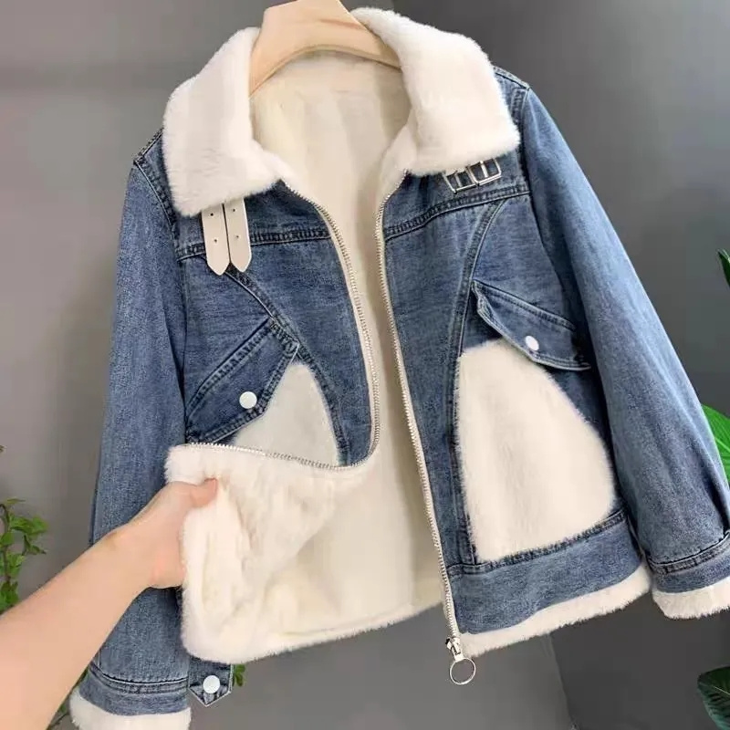 Falso vison veludo costura den - Patchwork Jean Jacket avaliação e preço