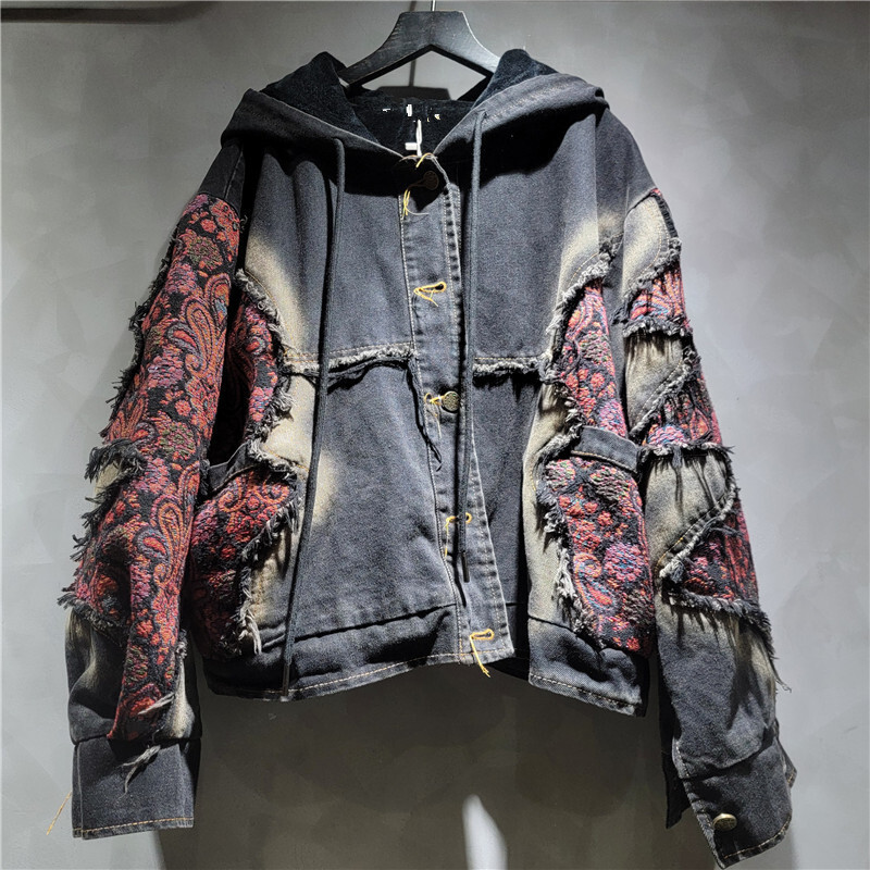 Whth moda feminina lavagem ret - Patchwork Jean Jacket avaliação e preço