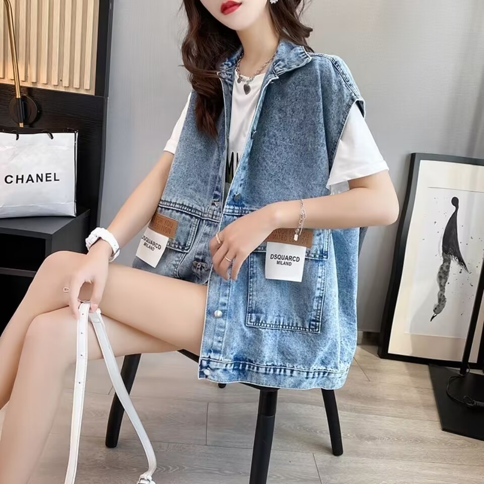 Novo colete jeans feminino 202 - Patchwork Jean Jacket avaliação e preço