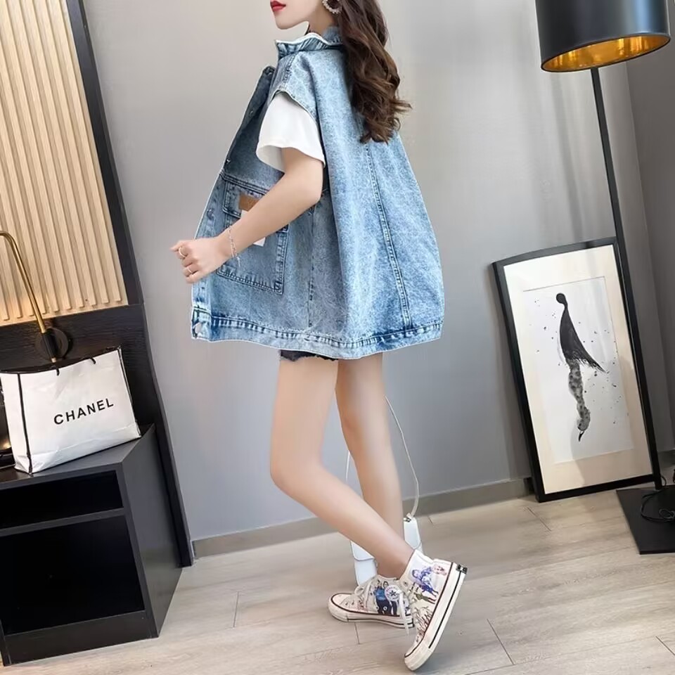 Novo colete jeans feminino 202 - Patchwork Jean Jacket avaliação e preço