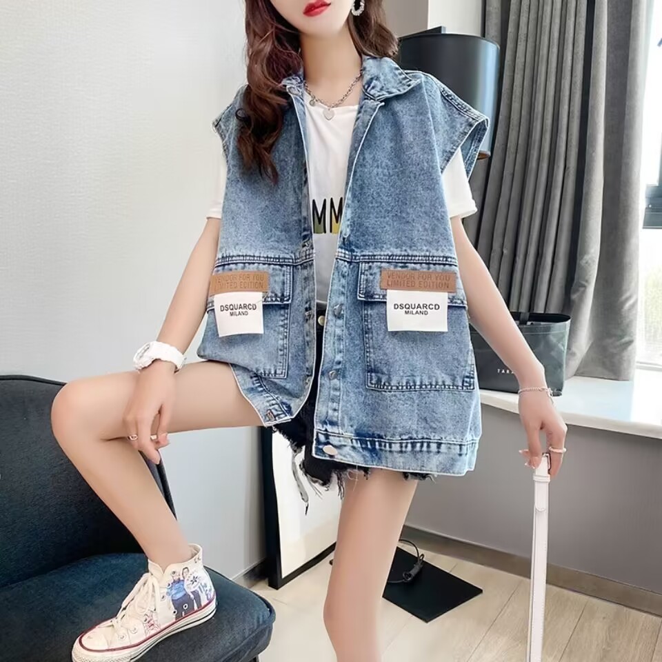 Novo colete jeans feminino 202 - Patchwork Jean Jacket avaliação e preço