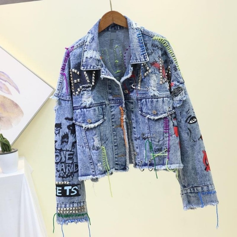 Moda graffiti casual denim jaq - Patchwork Jean Jacket avaliação e preço