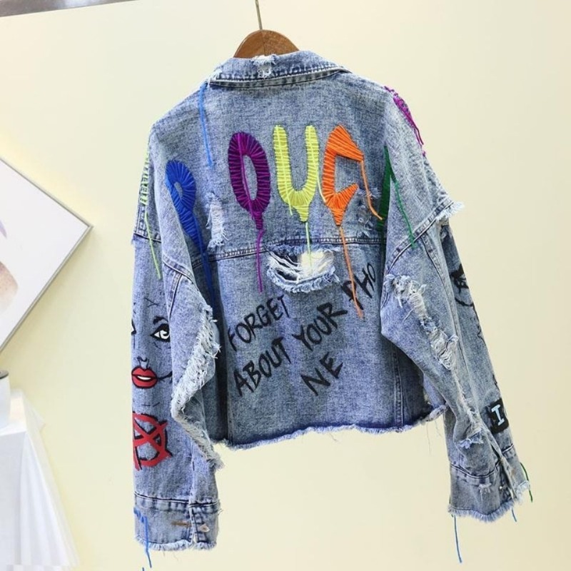 Moda graffiti casual denim jaq - Patchwork Jean Jacket avaliação e preço