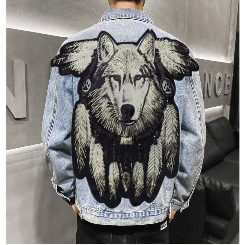 América vintage lobo pesado bo - Patchwork Jean Jacket avaliação e preço